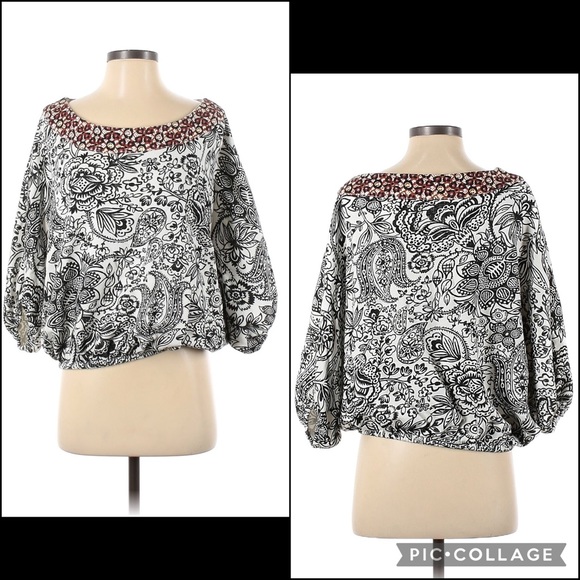 By Anthropologie French Terry Floral Batik Dolman Bubble Blouse Top - Picture 2 of 16